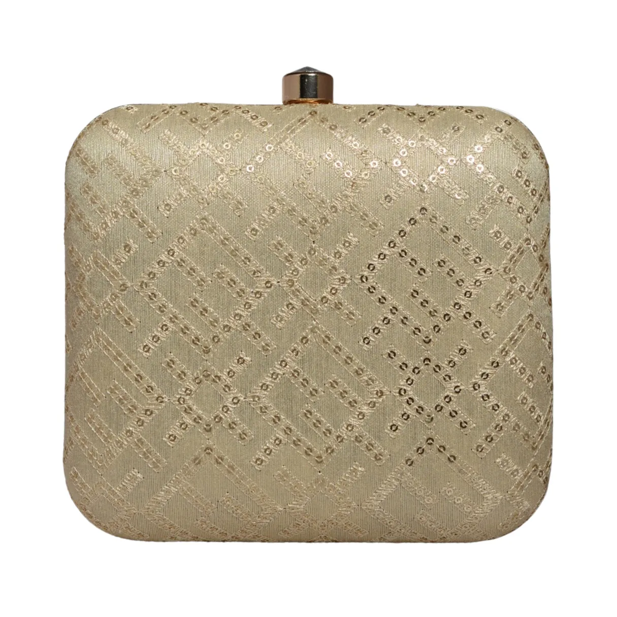 Beige Sequins And Thread Embroidery Clutch