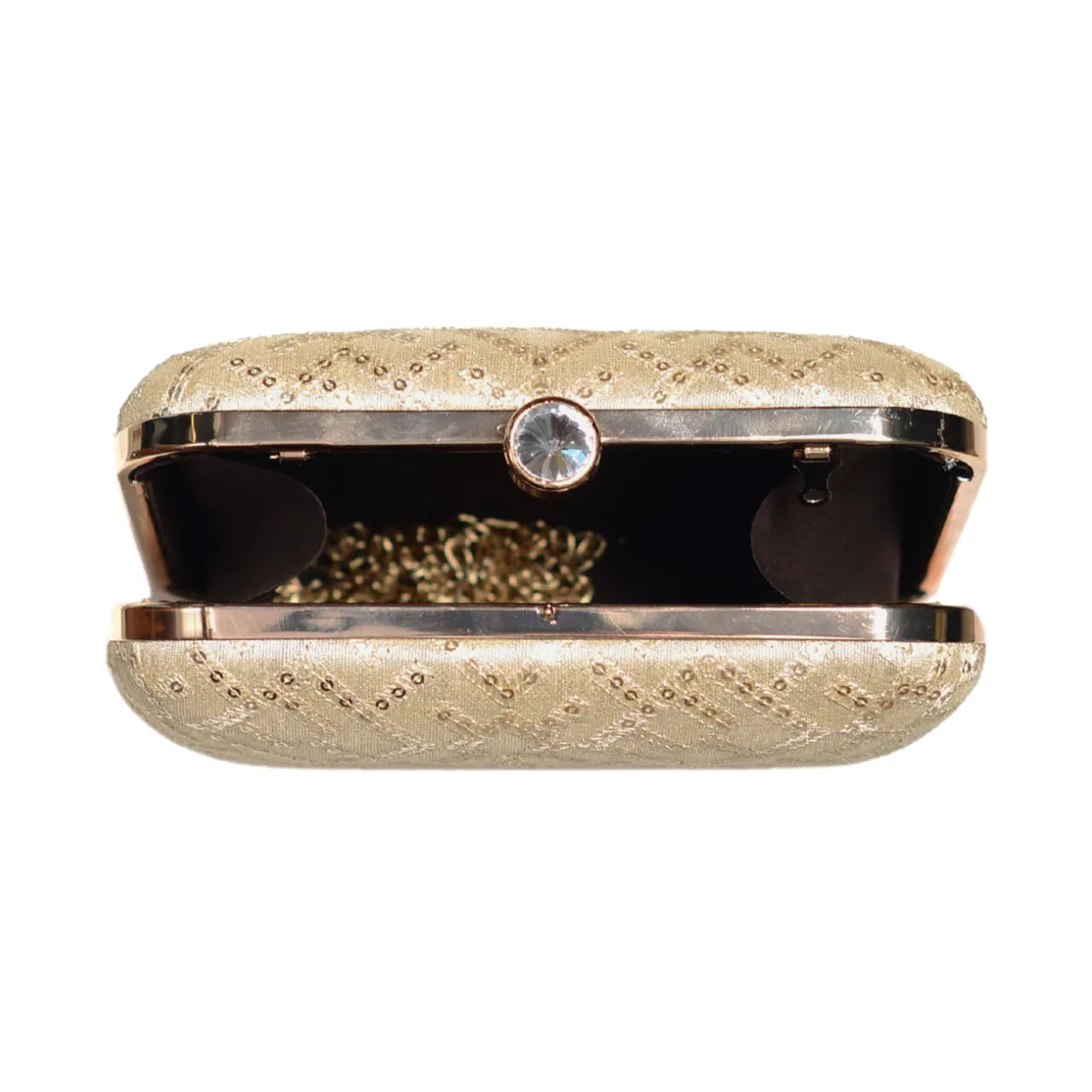 Beige Sequins And Thread Embroidery Clutch