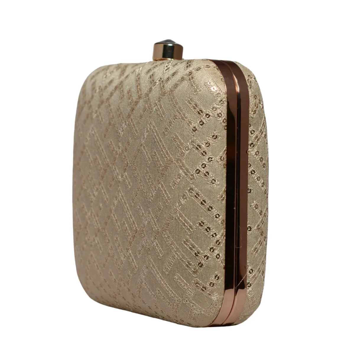 Beige Sequins And Thread Embroidery Clutch
