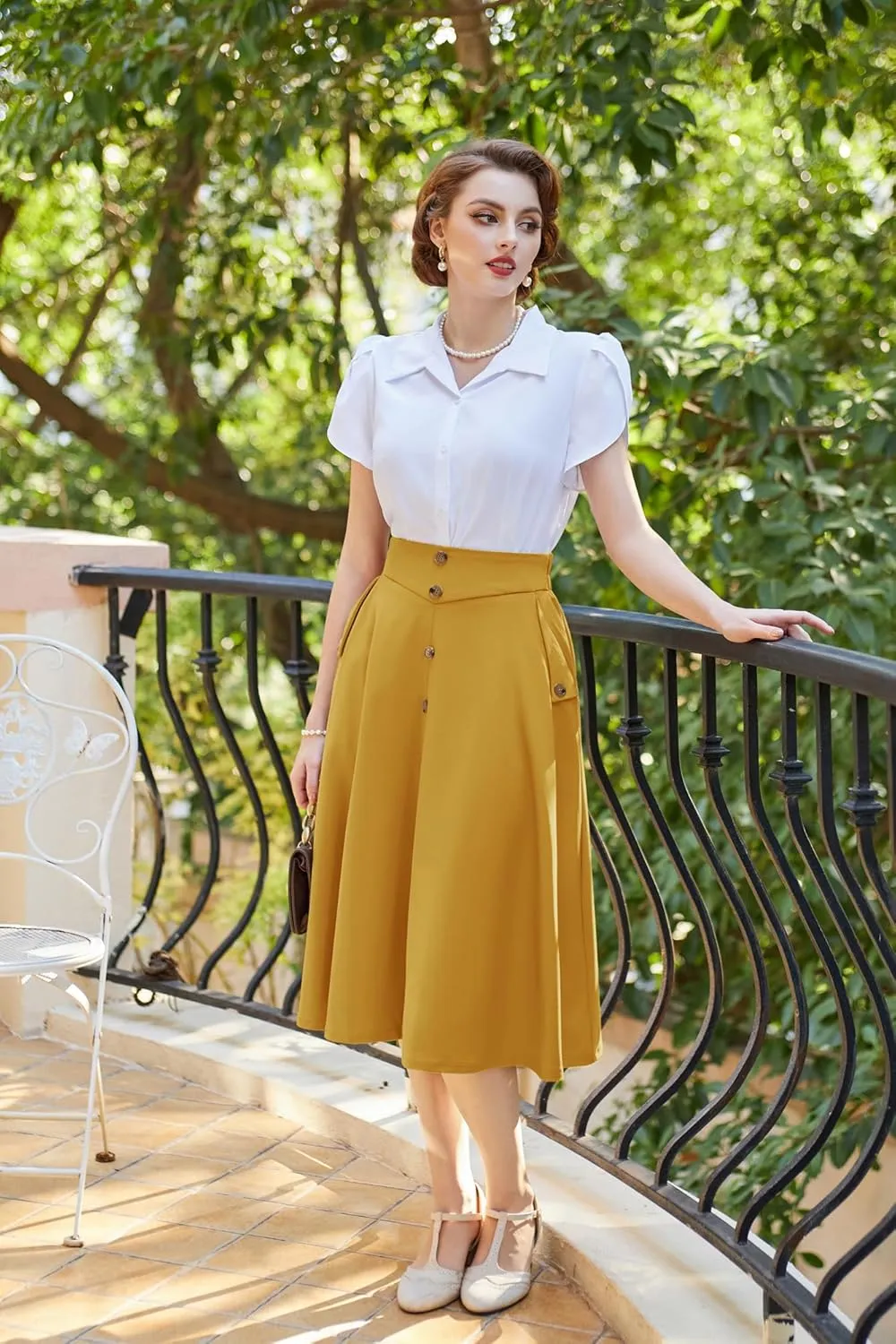 Belle Poque Womens A Line Midi Skirt Vintage Button Down Swing Skirt High Waisted Slit Pleated Skirt with Pockets