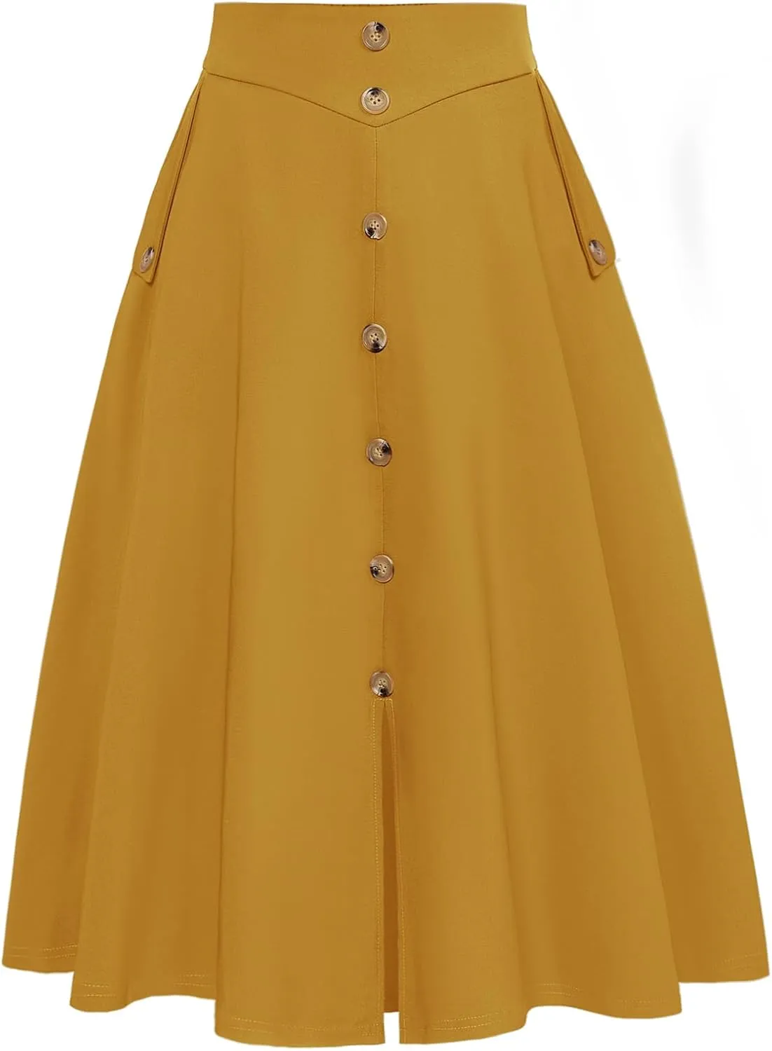 Belle Poque Womens A Line Midi Skirt Vintage Button Down Swing Skirt High Waisted Slit Pleated Skirt with Pockets