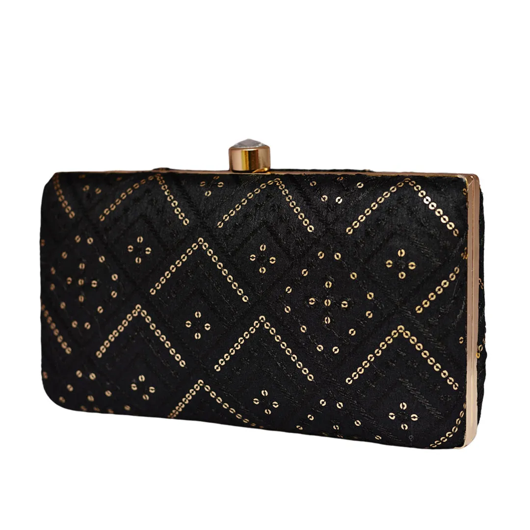 Black Embroidered Rectangular Clutch
