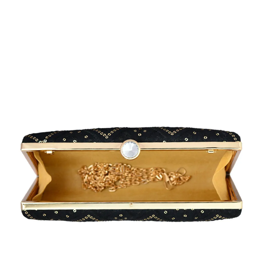 Black Embroidered Rectangular Clutch