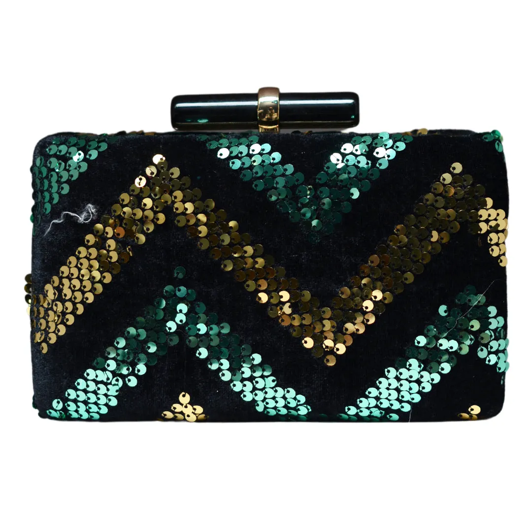 Green And Golden Sequin Zigzag Embroidery Clutch