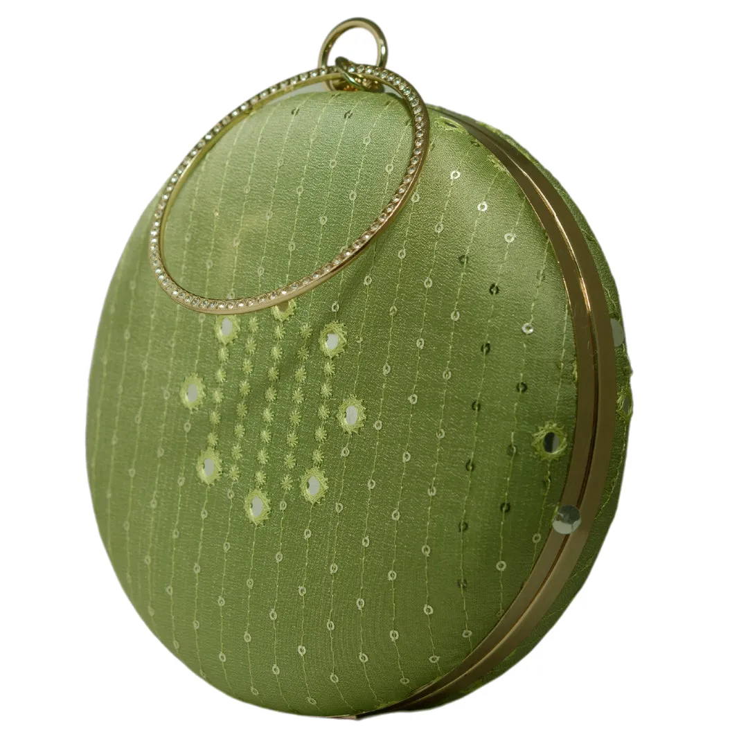 Green Sequins And Thread Embroidery Round Clutch
