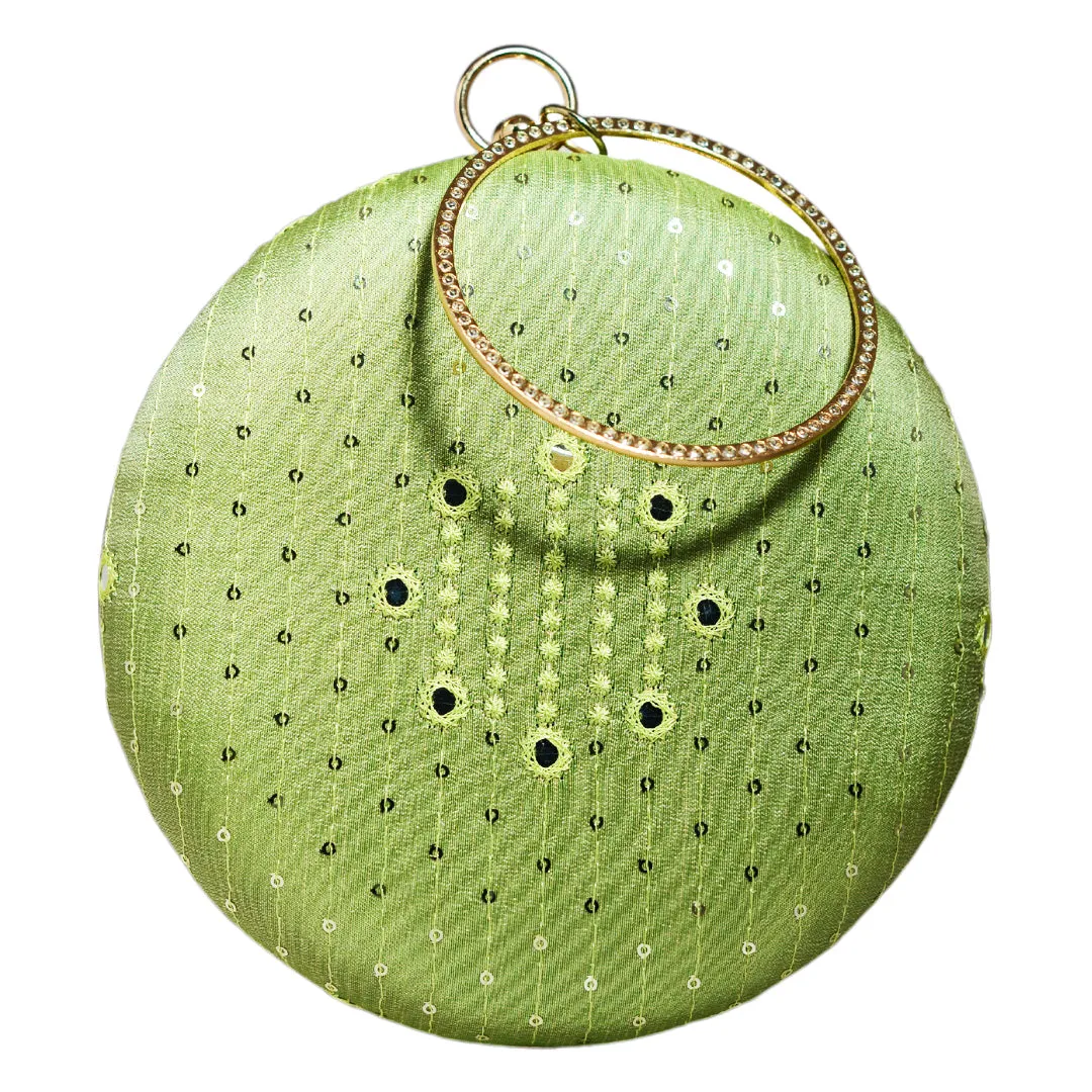 Green Sequins And Thread Embroidery Round Clutch
