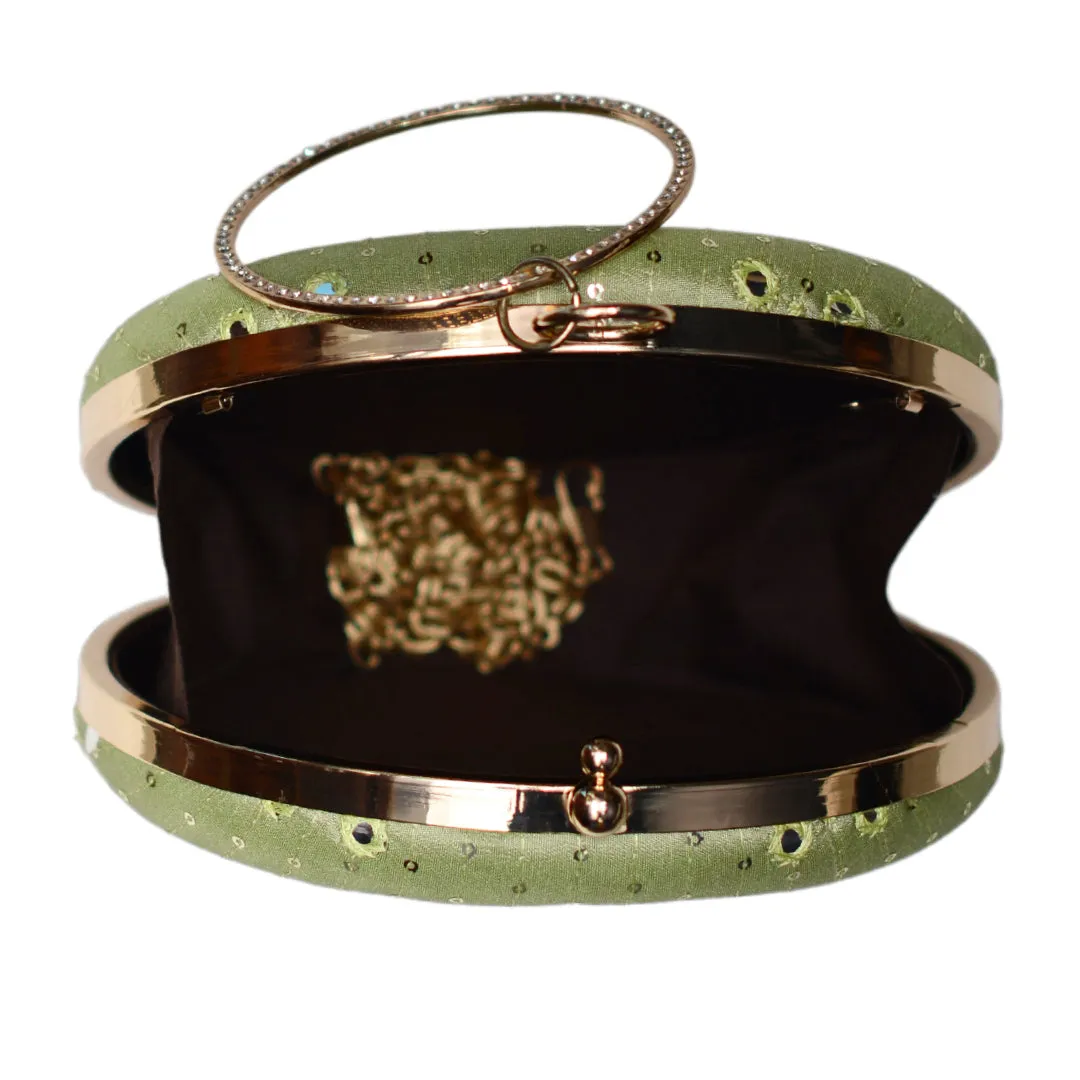 Green Sequins And Thread Embroidery Round Clutch