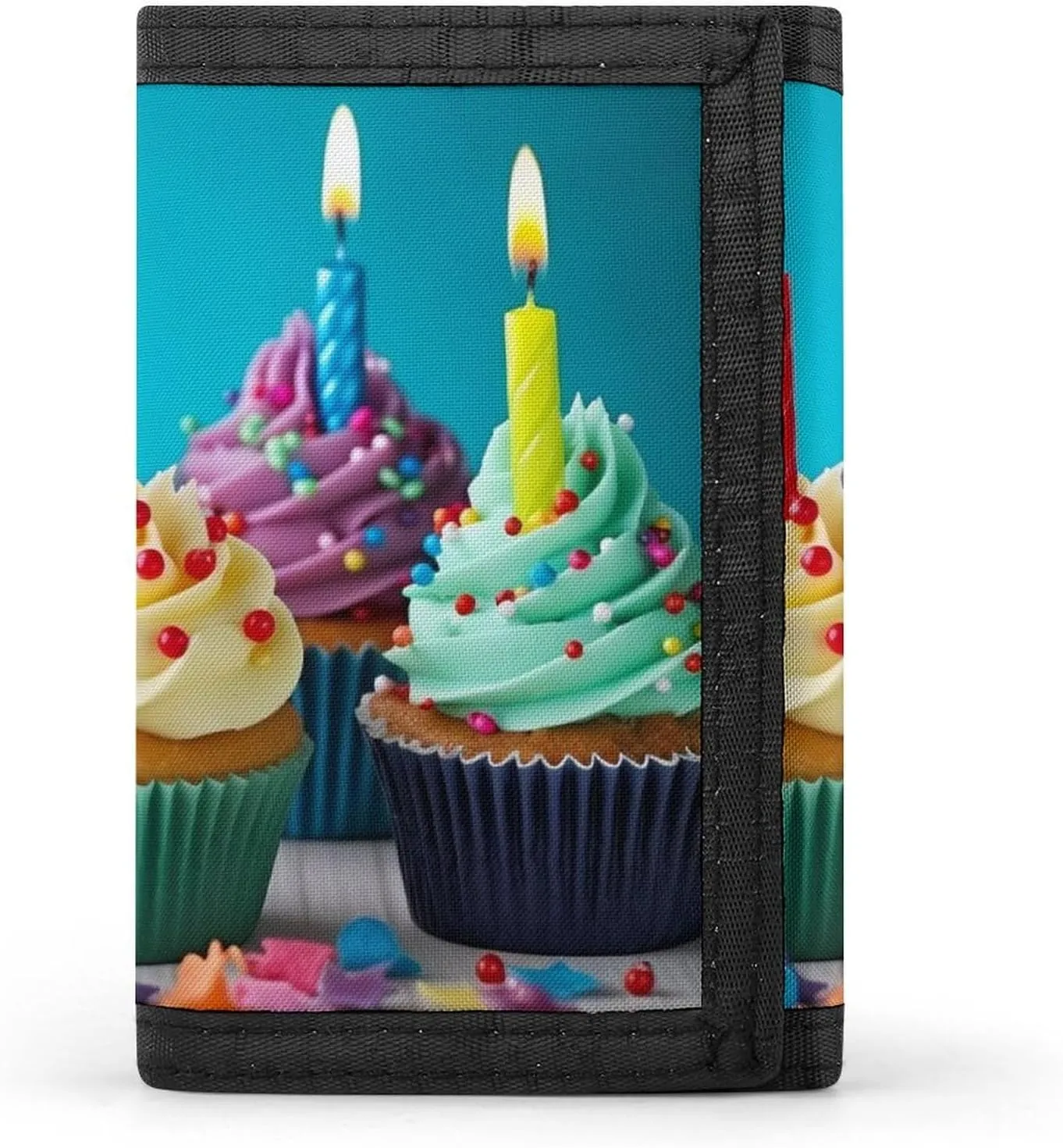 Happy Birthday Cupcakes Wallet Compact Trifold Wallet with Keychain Lightweight & Durable Purse for Outdoor