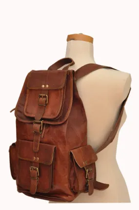 HLC 20" Genuine Leather Retro Rucksack Backpack Brown Leather Bag Travel Backpack for Men Women