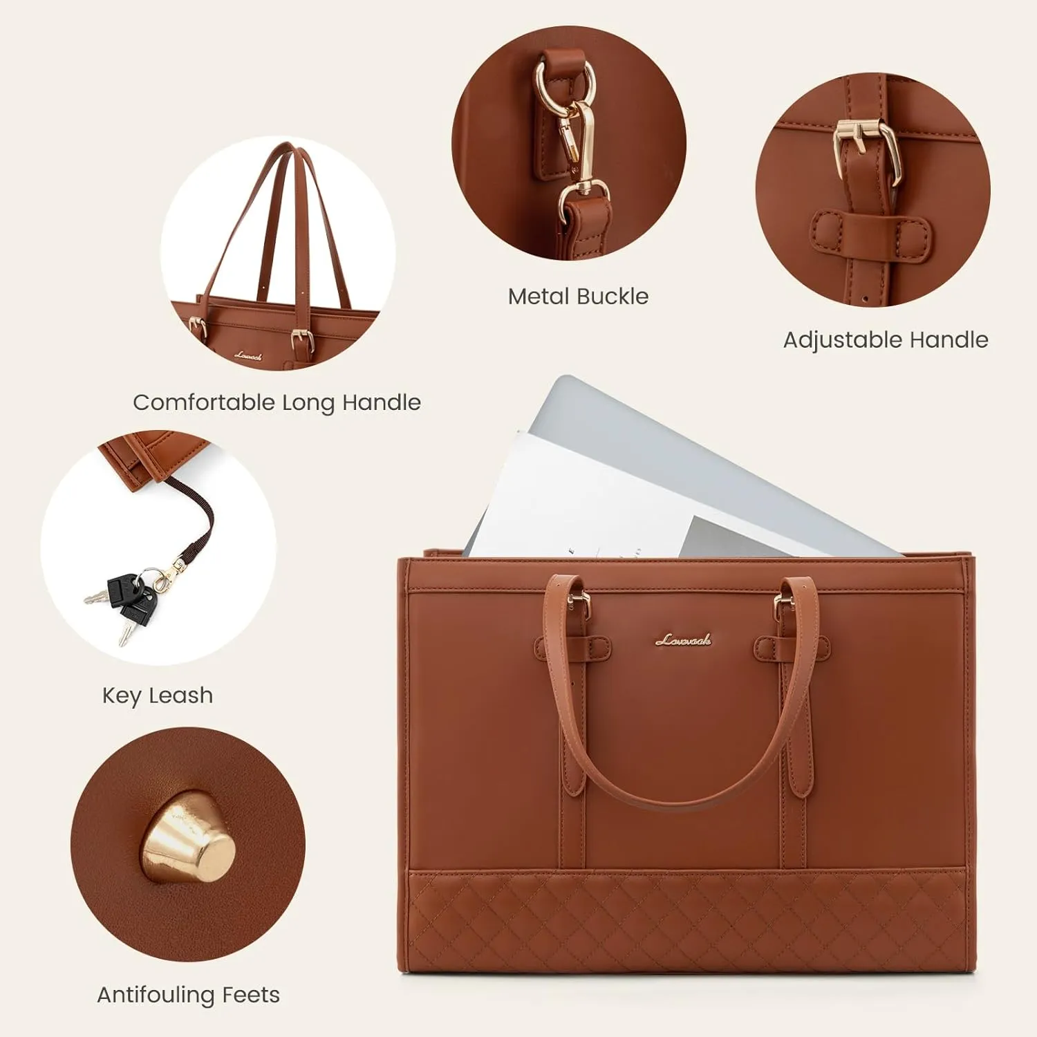 LOVEVOOK Laptop Bag for Women,15.6 inch Laptop Tote Bag Waterproof PU Leather Computer Bag Work Bags for Business Office, Large Capacity Laptop Purse Professional Work Tote Black