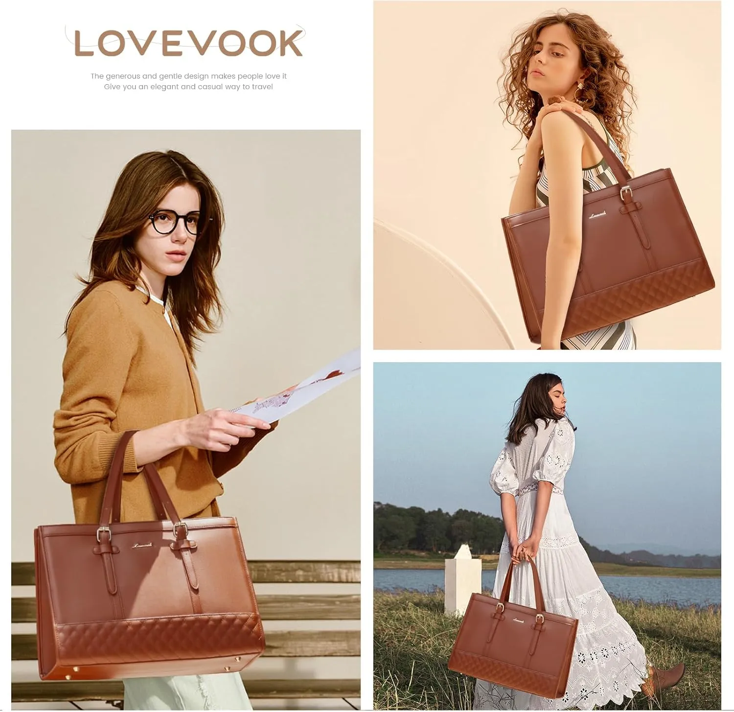 LOVEVOOK Laptop Bag for Women,15.6 inch Laptop Tote Bag Waterproof PU Leather Computer Bag Work Bags for Business Office, Large Capacity Laptop Purse Professional Work Tote Black