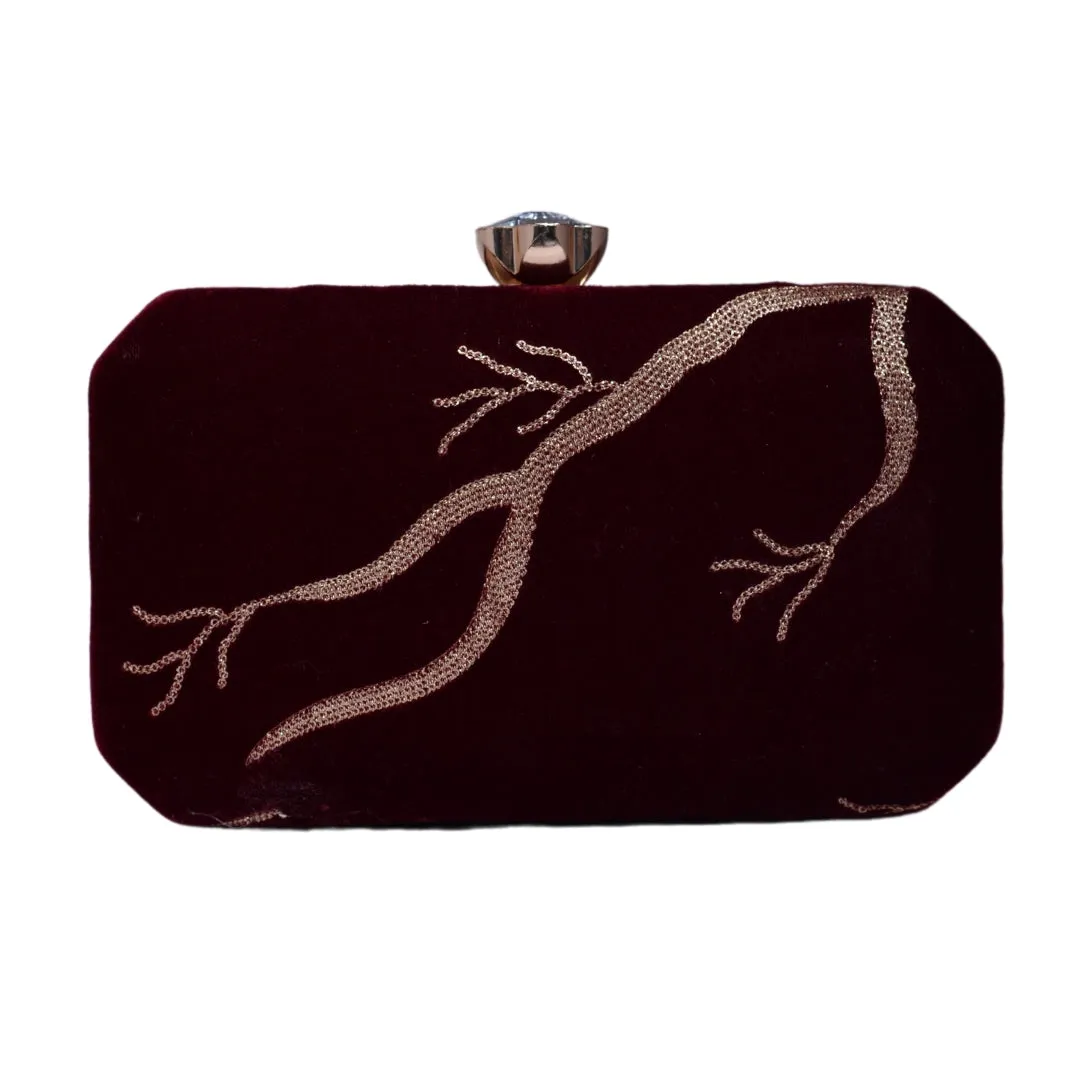 Maroon And Golden Embroidery Party Clutch