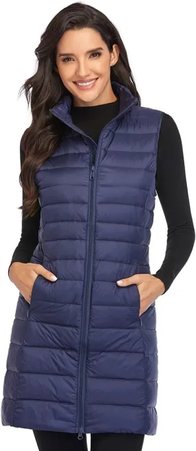Obosoyo Women's Ultra Light Long Down Vest Winter Packable Down Jacket Lightweight Outdoor Puffer Vest Coat