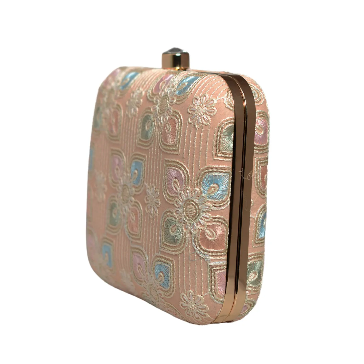 Peach Floral Thread Embroidery Clutch