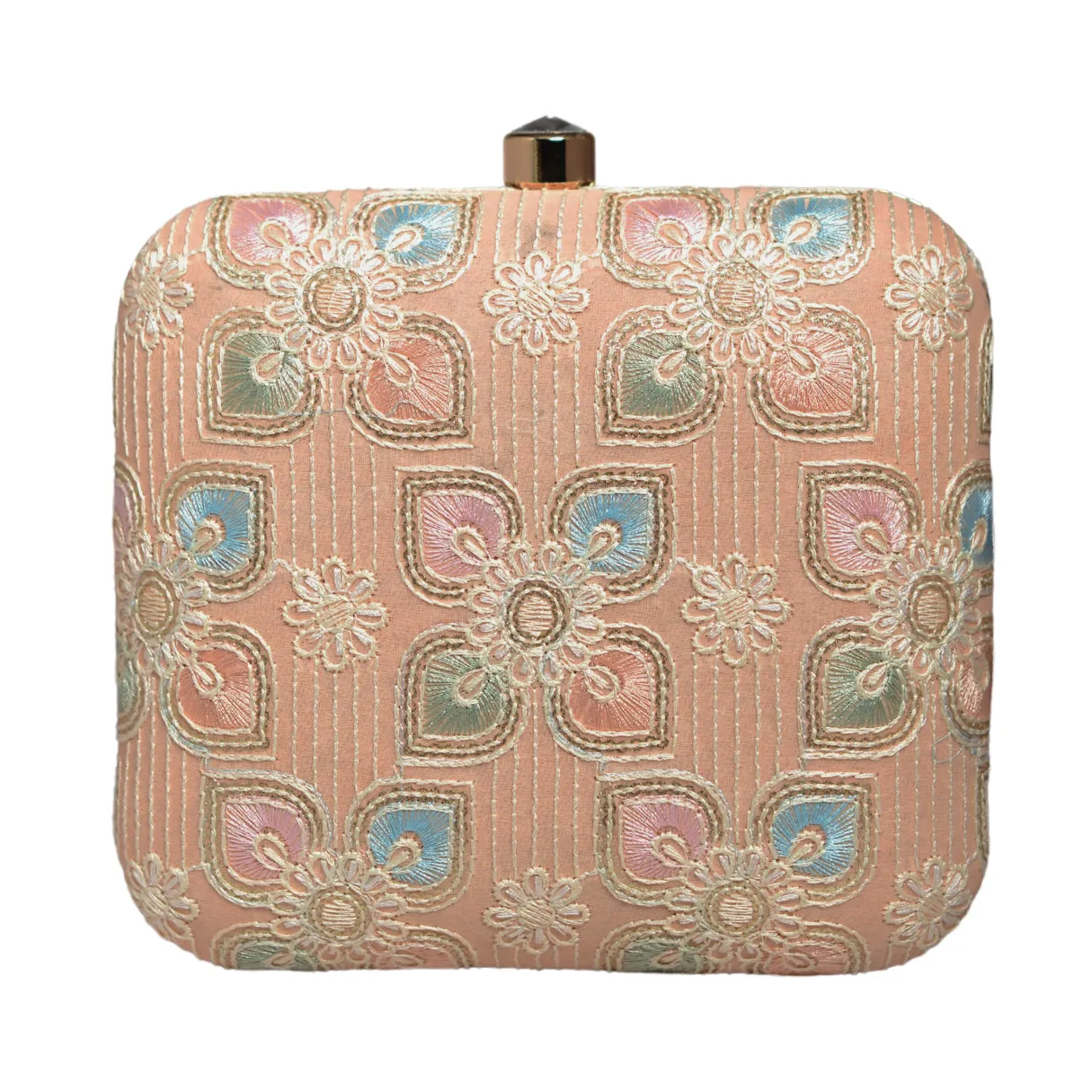 Peach Floral Thread Embroidery Clutch