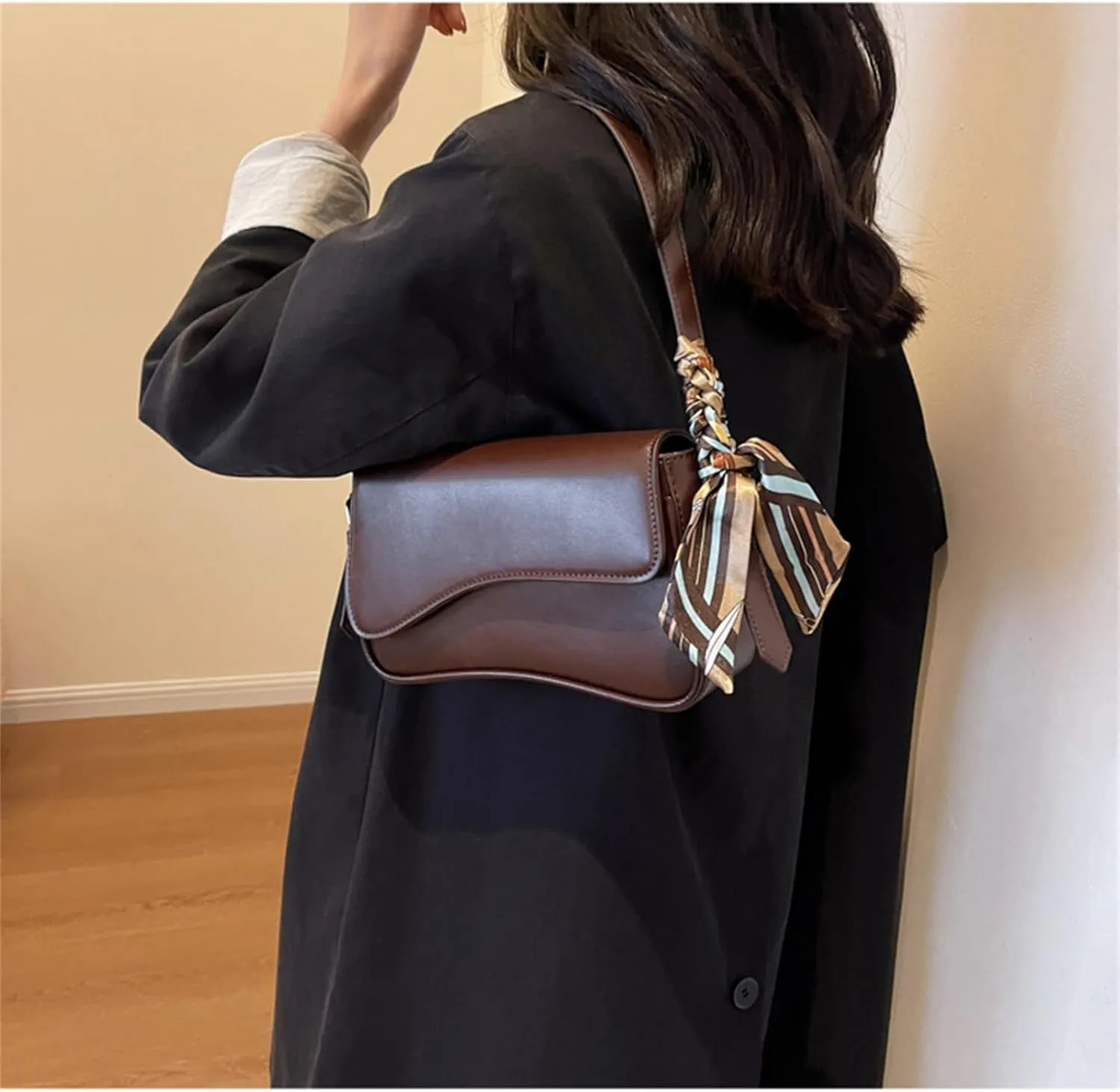 Retro PU Leather Shoulder Bag for Women Trendy Crossbody Purse with Two Removable Straps Solid Color Underarm Handbag