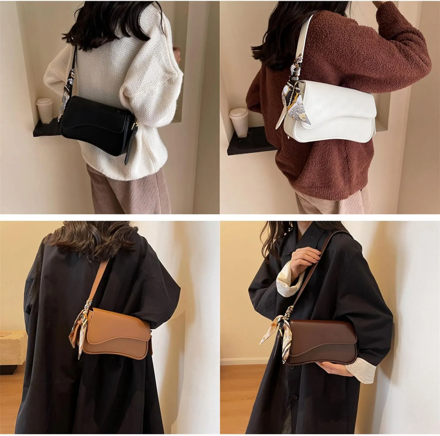 Retro PU Leather Shoulder Bag for Women Trendy Crossbody Purse with Two Removable Straps Solid Color Underarm Handbag