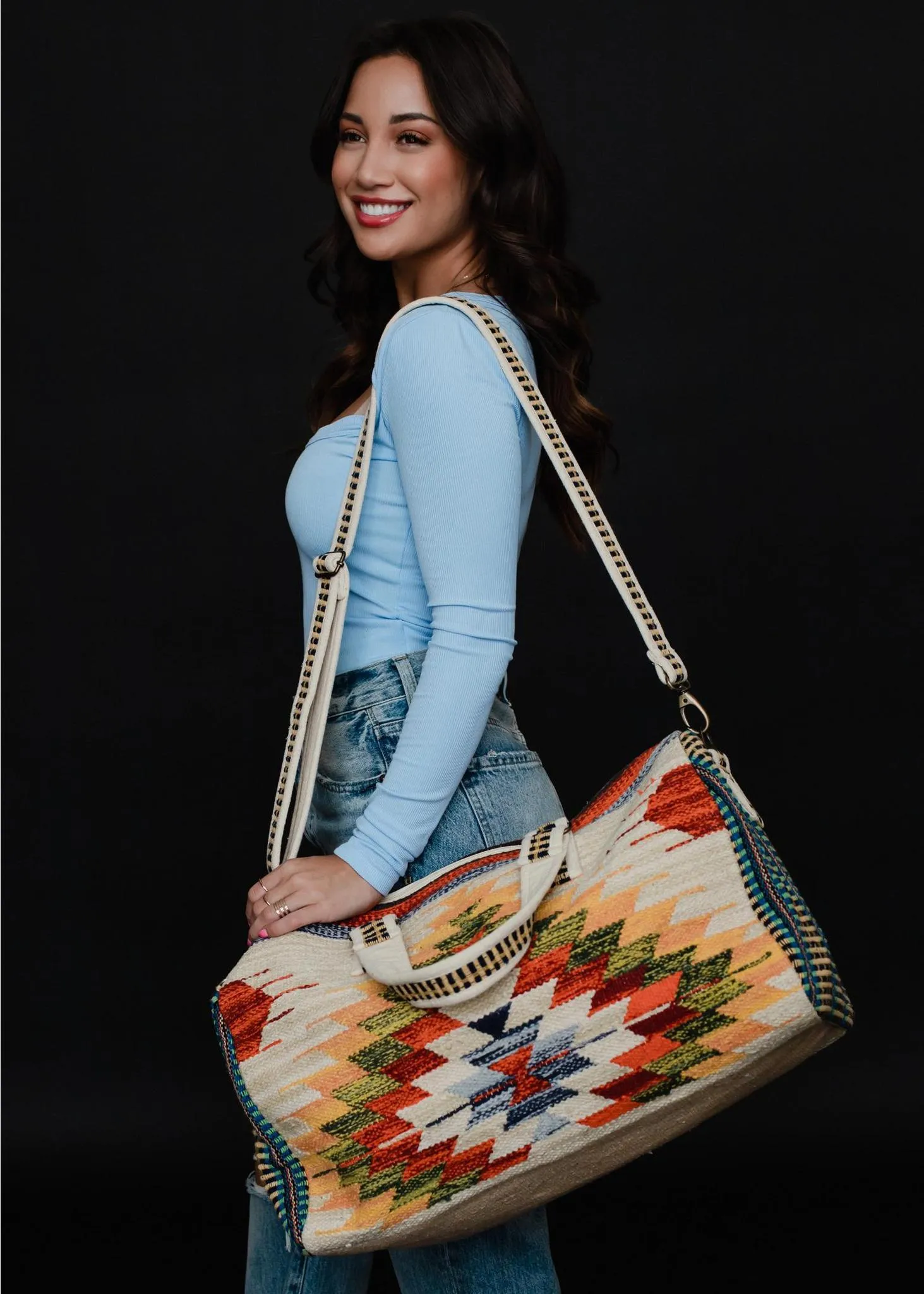 Tan & Multicolored Aztec Duffel
