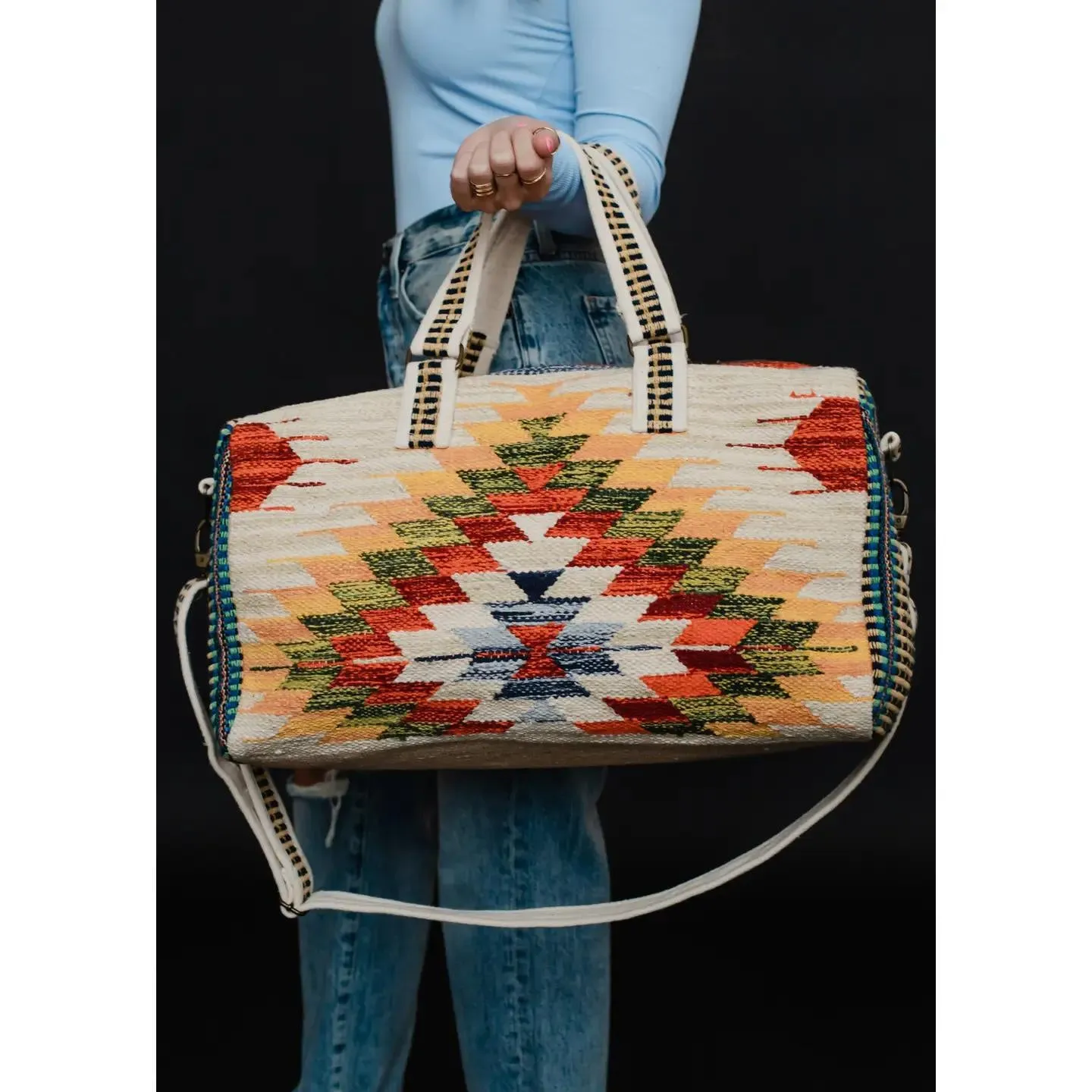 Tan & Multicolored Aztec Duffel