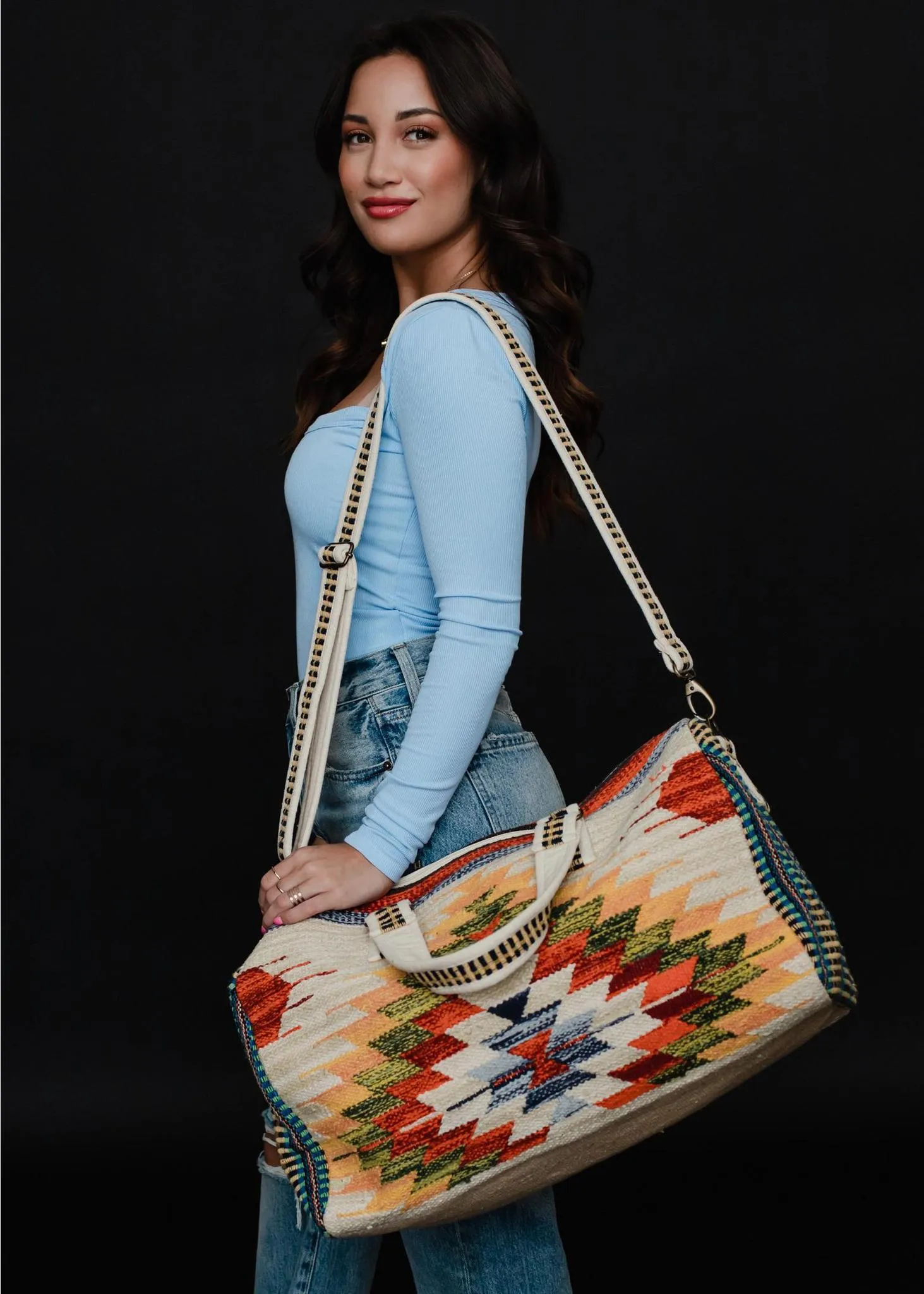 Tan & Multicolored Aztec Duffel