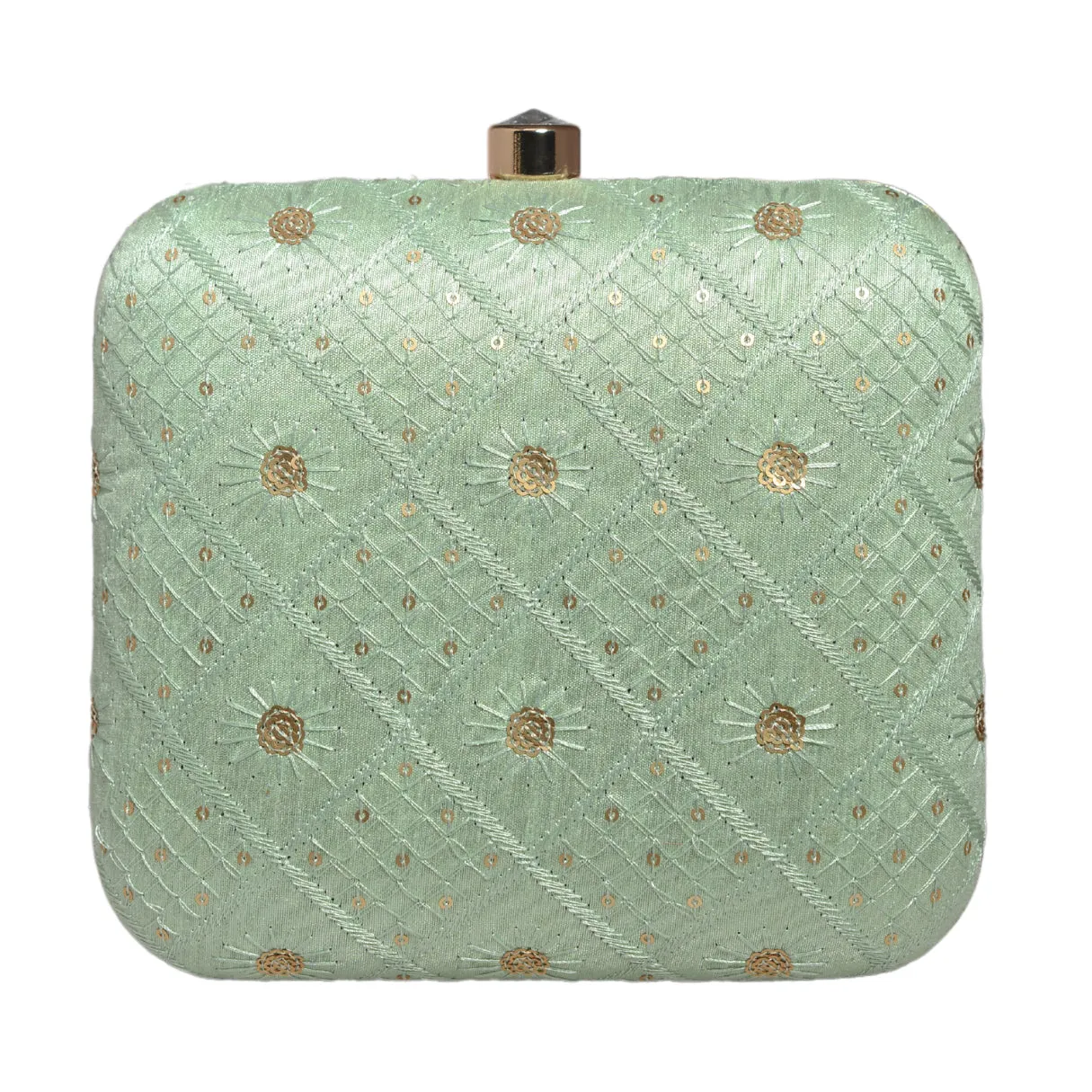Turquoise Box Pattern Sequins Embroidery Clutch