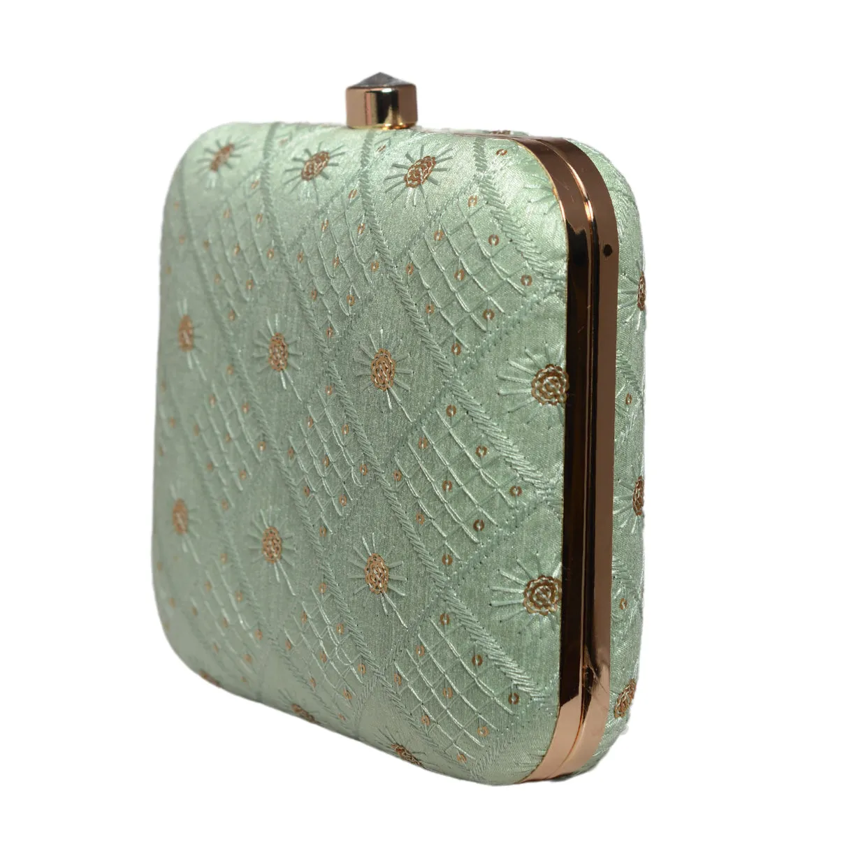 Turquoise Box Pattern Sequins Embroidery Clutch