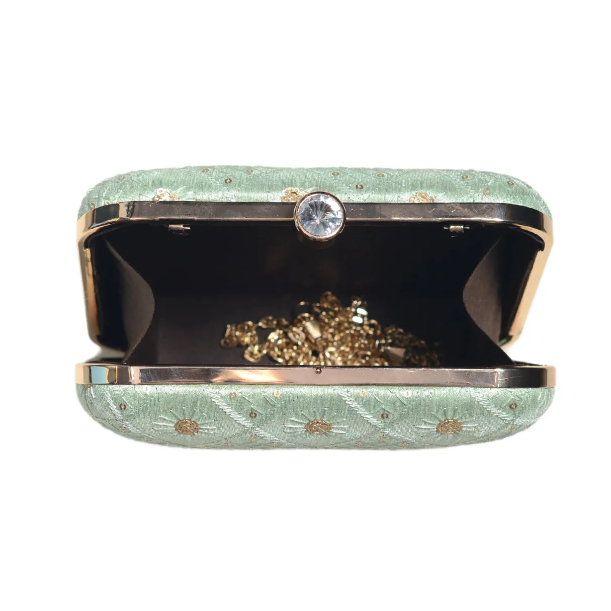 Turquoise Box Pattern Sequins Embroidery Clutch