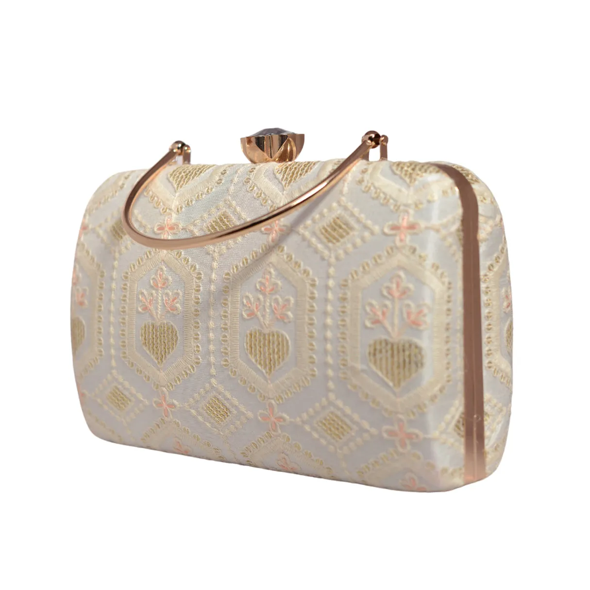 White And Golden Sequins Embroidery Clutch