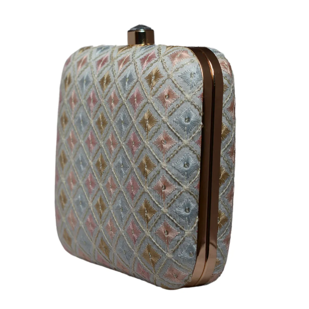 White Multicolor Threadwork Embroidery Clutch