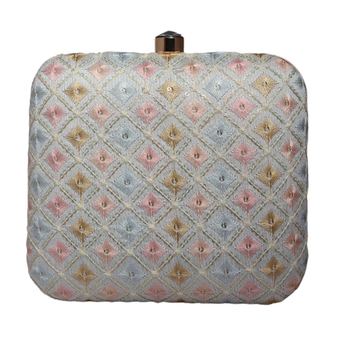 White Multicolor Threadwork Embroidery Clutch