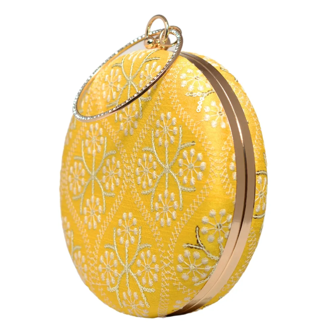 Yellow Embroidery Round Clutch